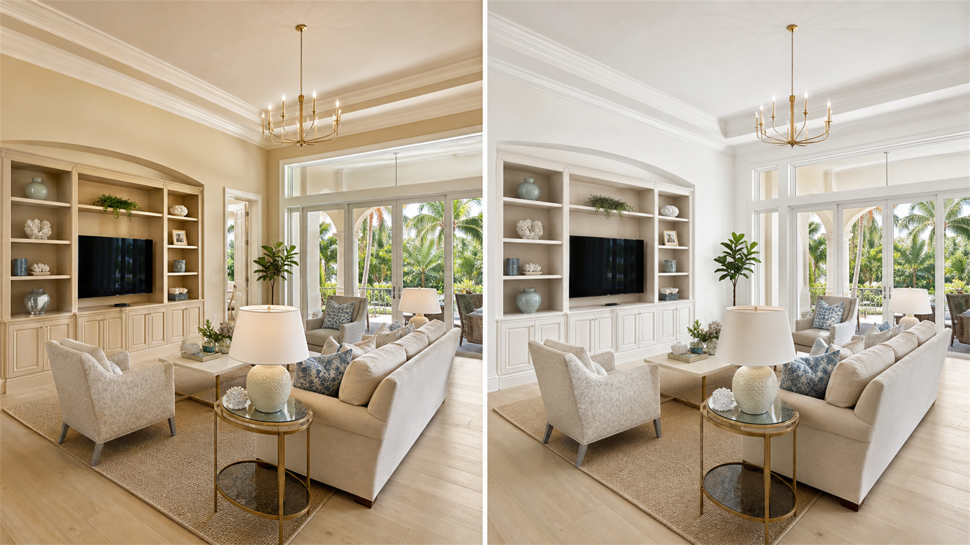 Before and after interior painting project in a luxury Naples Florida living room